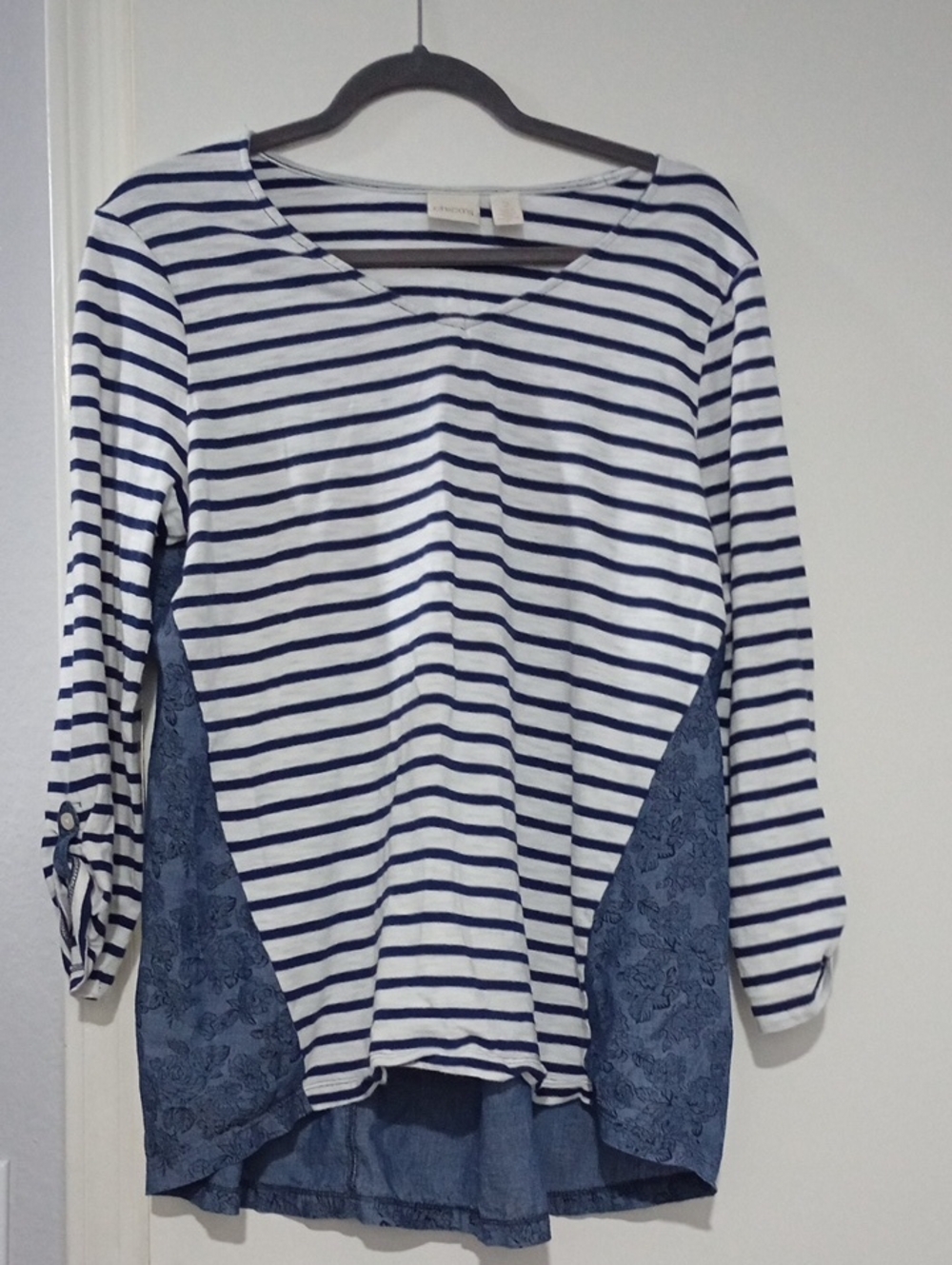Chico's Navy & White Striped Long-Sleeve Top with Denim Panels Size 2